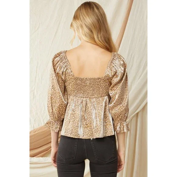 Entro Leopard Iridescent Babydoll Top, Camel - Picture 4 of 6